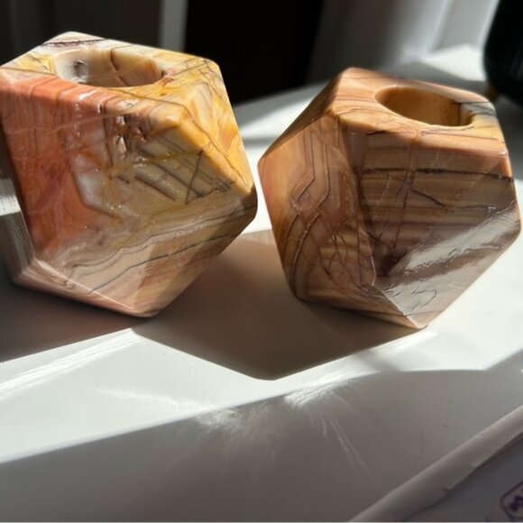 Geometric Marble Candle Holders - Tan and Brown x2 circa 1970 😃 - Picture 8 of 10